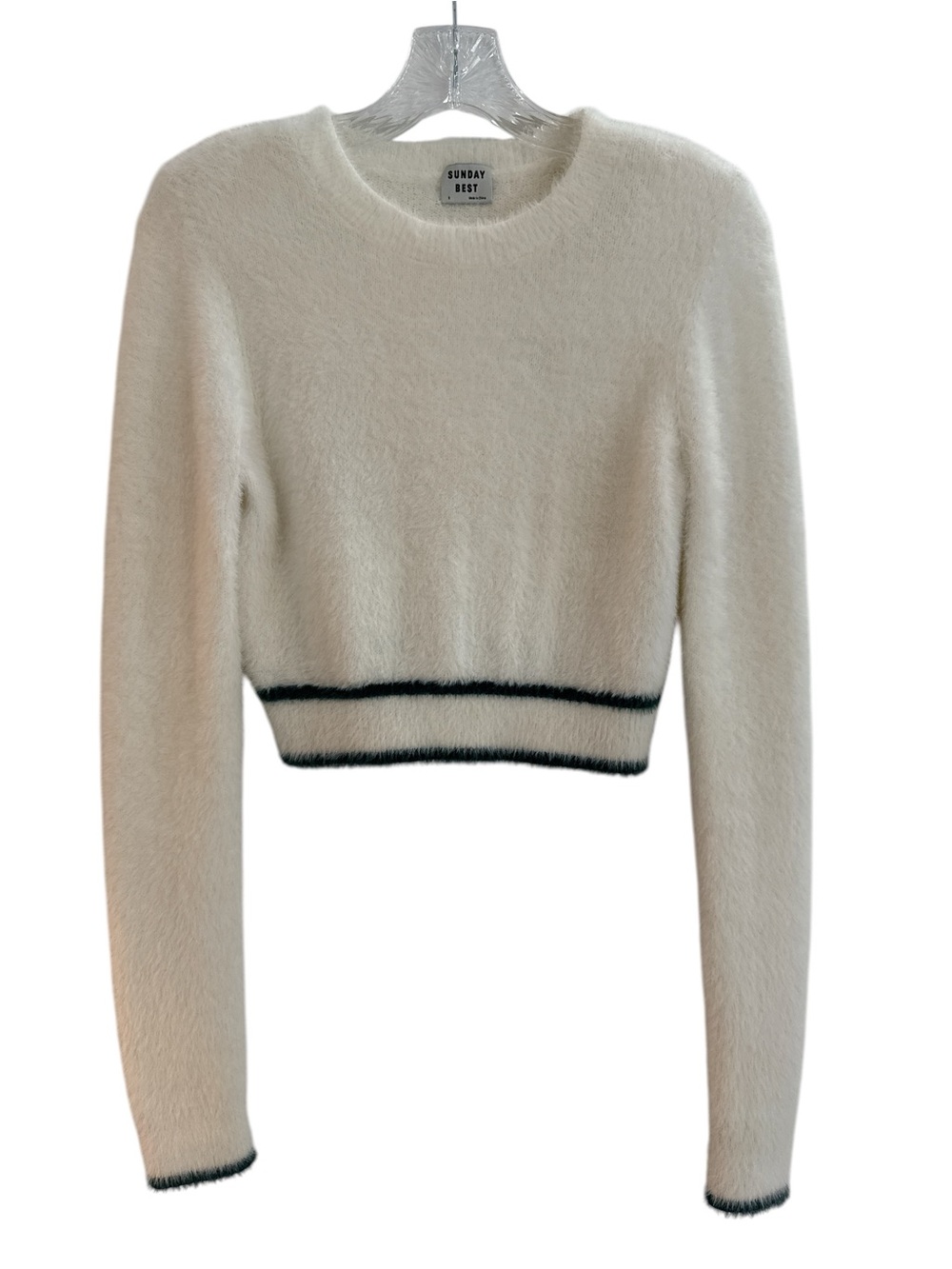 Sunday Best Aritzia Fuzzy Cropped Sweater White Green Trim Size S EUC